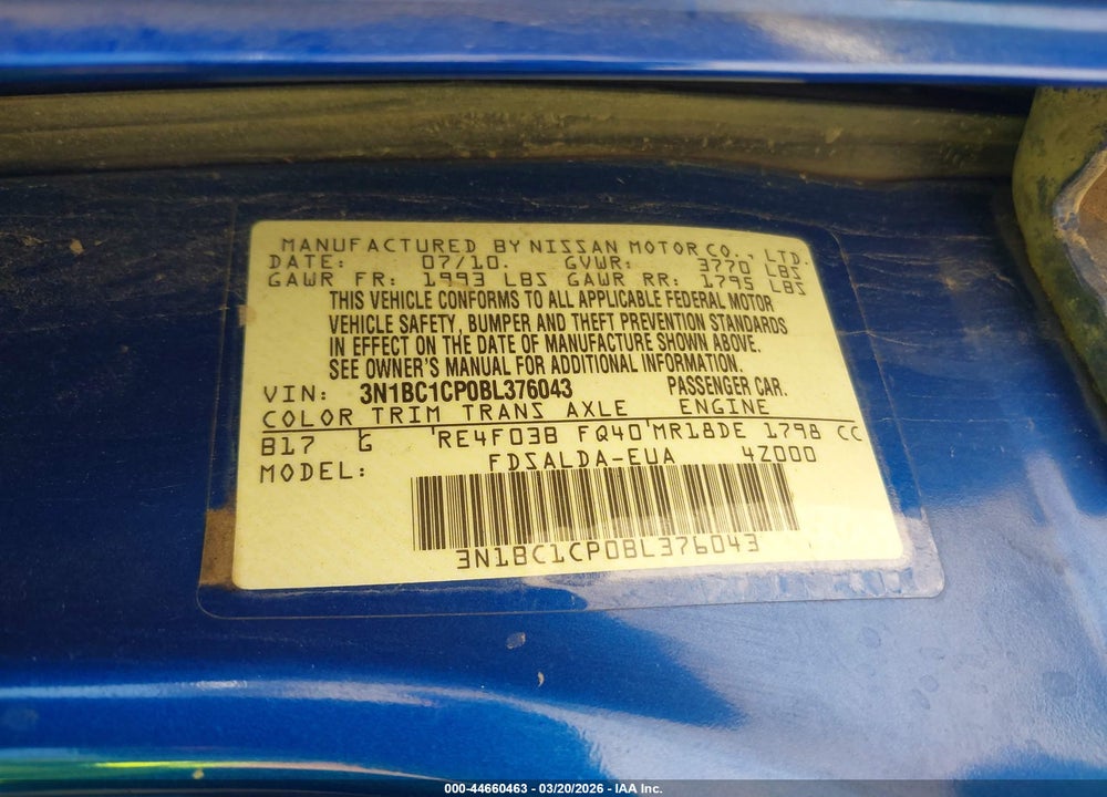 2011 NISSAN VERSA 1.8S VIN: 3N1BC1CP0BL376043