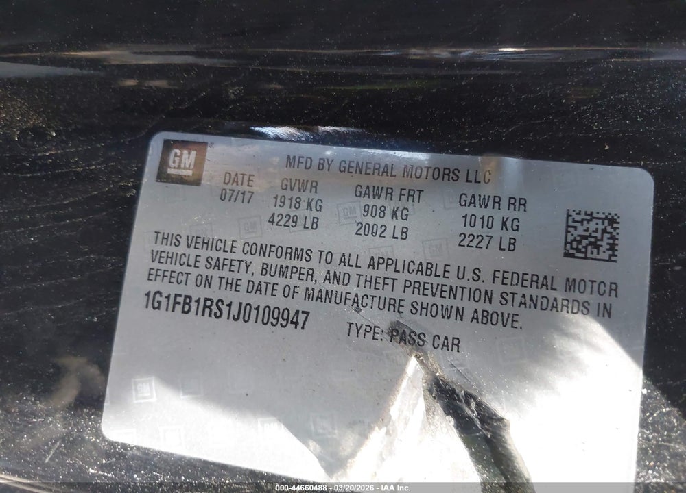 2018 CHEVROLET CAMARO 1LT VIN: 1G1FB1RS1J0109947