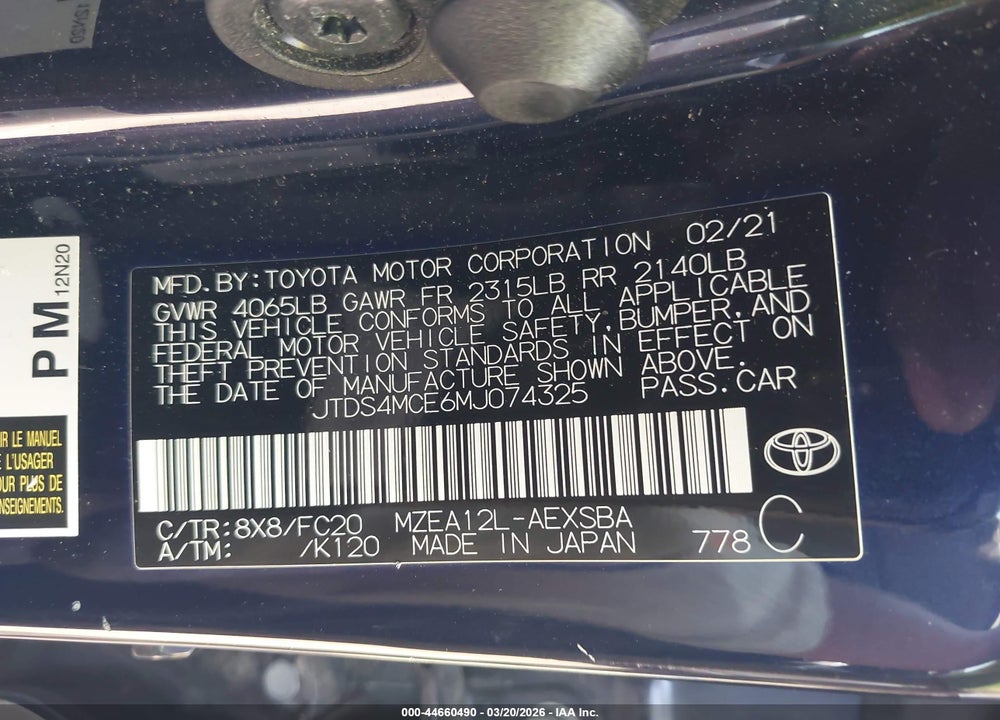 2021 TOYOTA COROLLA SE VIN: JTDS4MCE6MJ074325