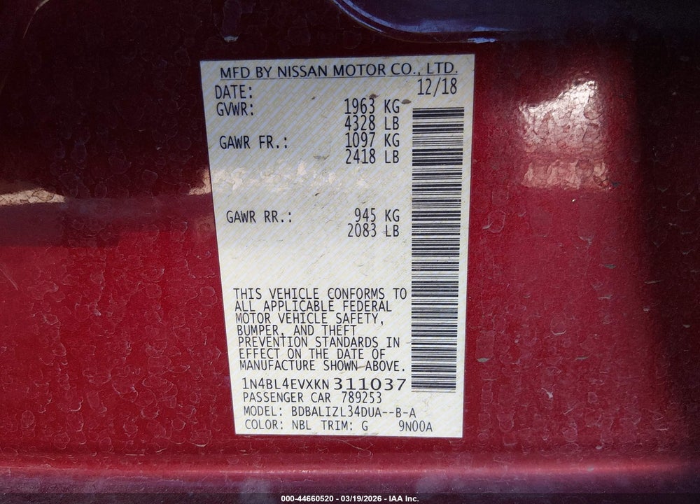 2019 NISSAN ALTIMA 2.5 SL VIN: 1N4BL4EVXKN311037