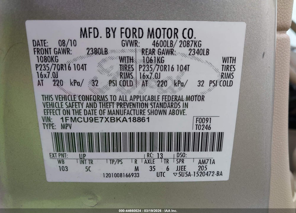 2011 FORD ESCAPE LIMITED VIN: 1FMCU9E7XBKA18861