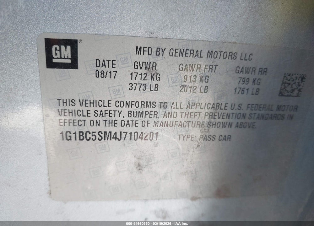 2018 CHEVROLET CRUZE LS AUTO VIN: 1G1BC5SM4J7104201