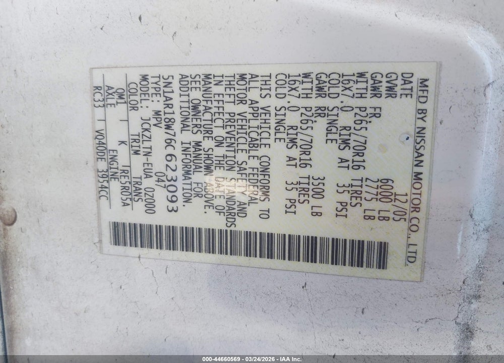 2006 NISSAN PATHFINDER SE VIN: 5N1AR18W76C623093
