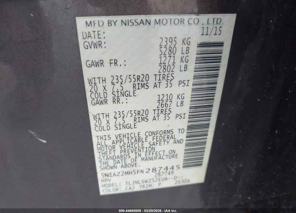 2015 NISSAN MURANO PLATINUM VIN: 5N1AZ2MH5FN287445