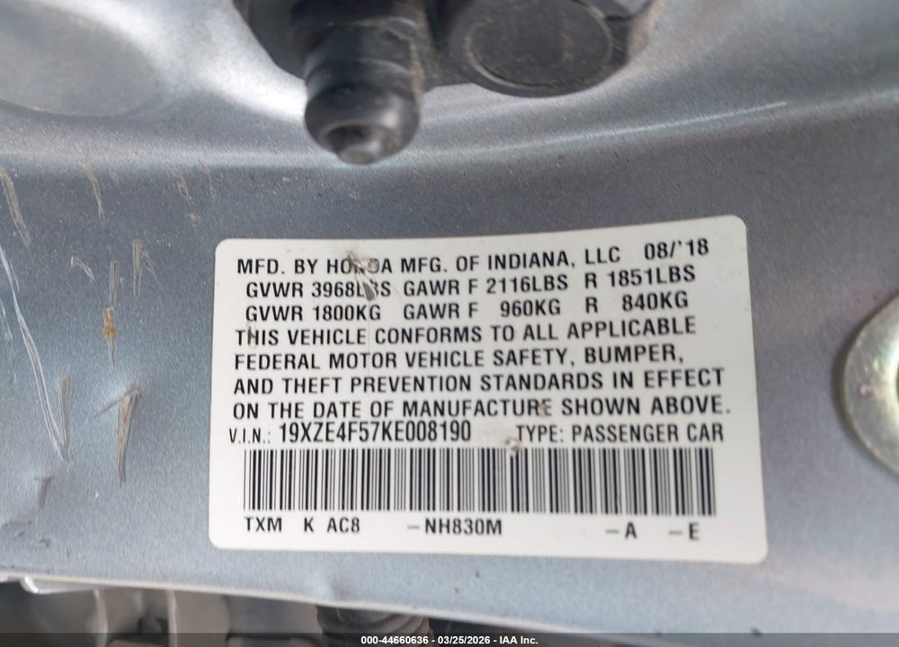 2019 HONDA INSIGHT EX VIN: 19XZE4F57KE008190