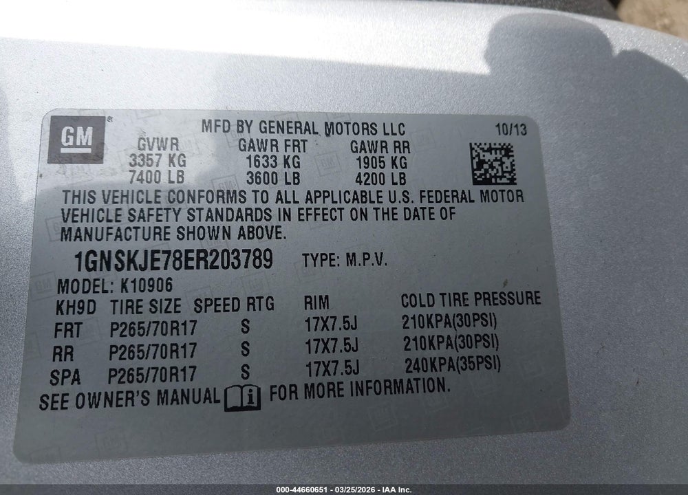 2014 CHEVROLET SUBURBAN 1500 LT VIN: 1GNSKJE78ER203789