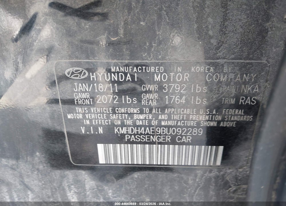2011 HYUNDAI ELANTRA GLS (ULSAN PLANT) VIN: KMHDH4AE9BU092289