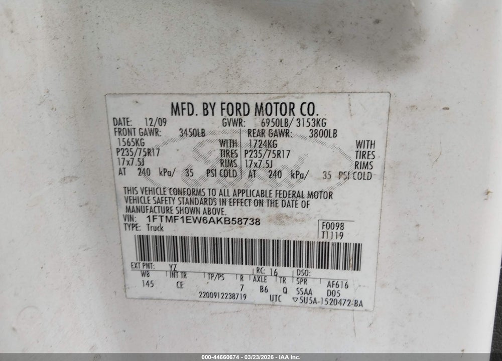 2010 FORD F-150 STX/XL/XLT VIN: 1FTMF1EW6AKB58738