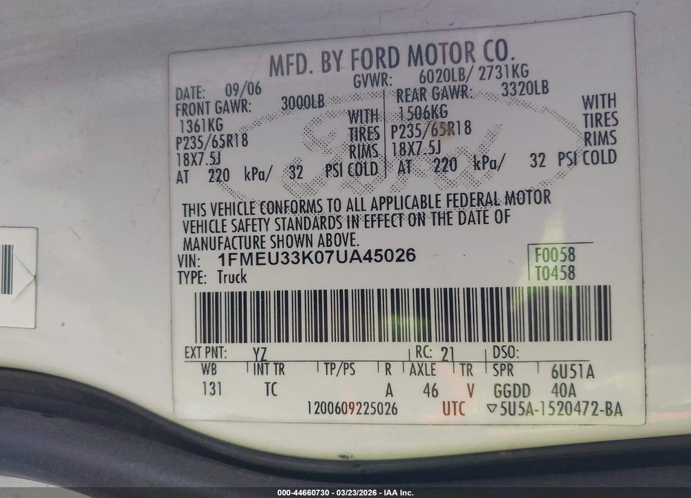 2007 FORD EXPLORER SPORT TRAC LIMITED VIN: 1FMEU33K07UA45026