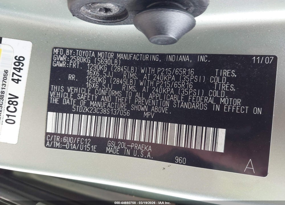 2008 TOYOTA SIENNA LE VIN: 5TDZK23C38S137056
