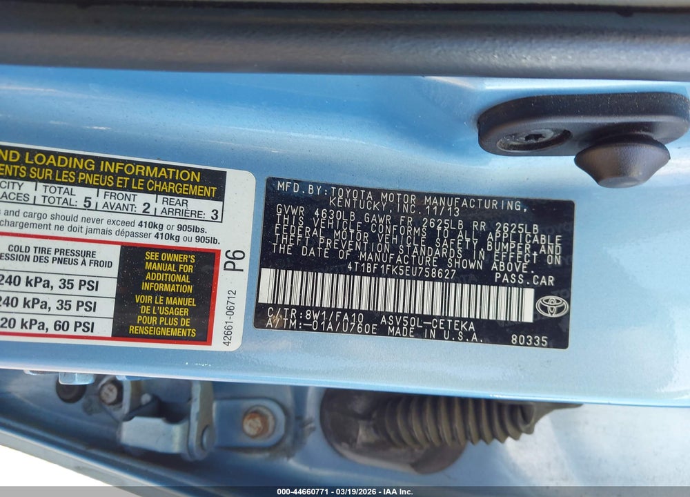 2014 TOYOTA CAMRY L VIN: 4T1BF1FK5EU758627