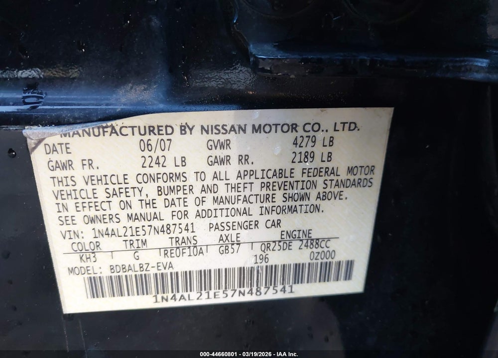 2007 NISSAN ALTIMA 2.5 S VIN: 1N4AL21E57N487541