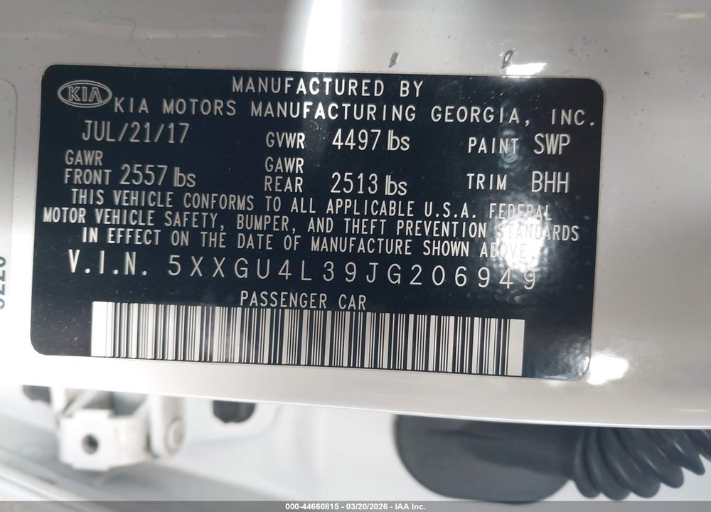 2018 KIA OPTIMA EX VIN: 5XXGU4L39JG206949