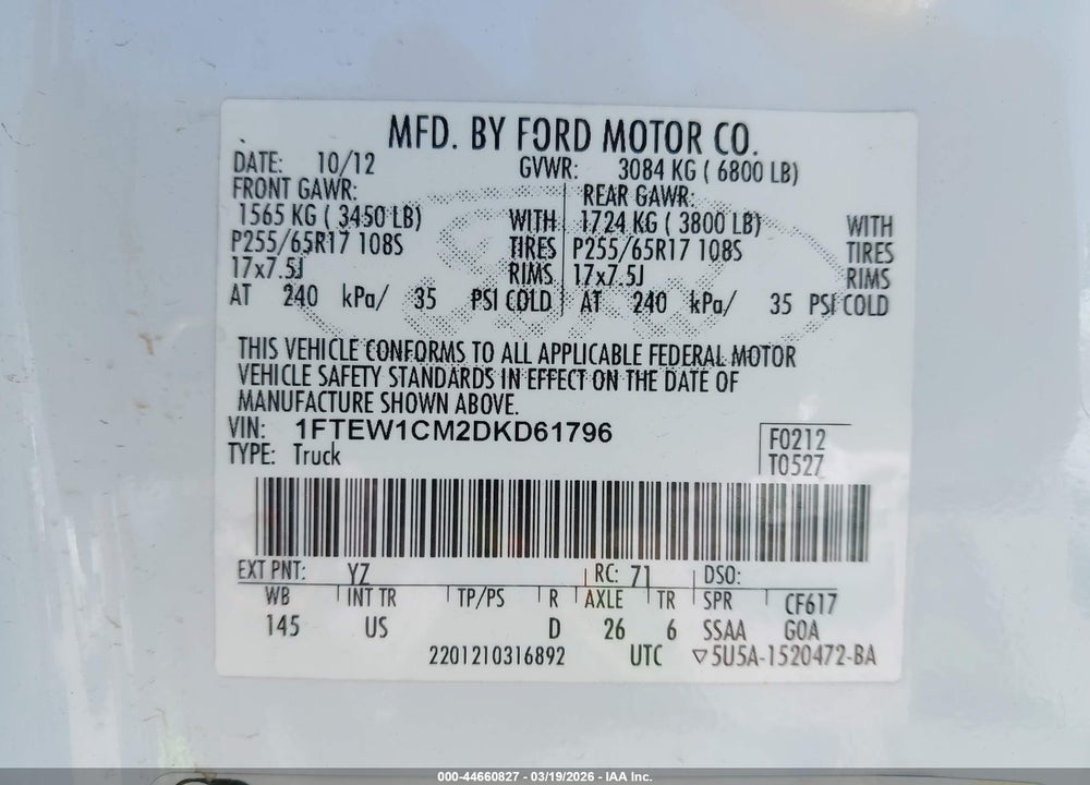 2013 FORD F-150 XLT VIN: 1FTEW1CM2DKD61796