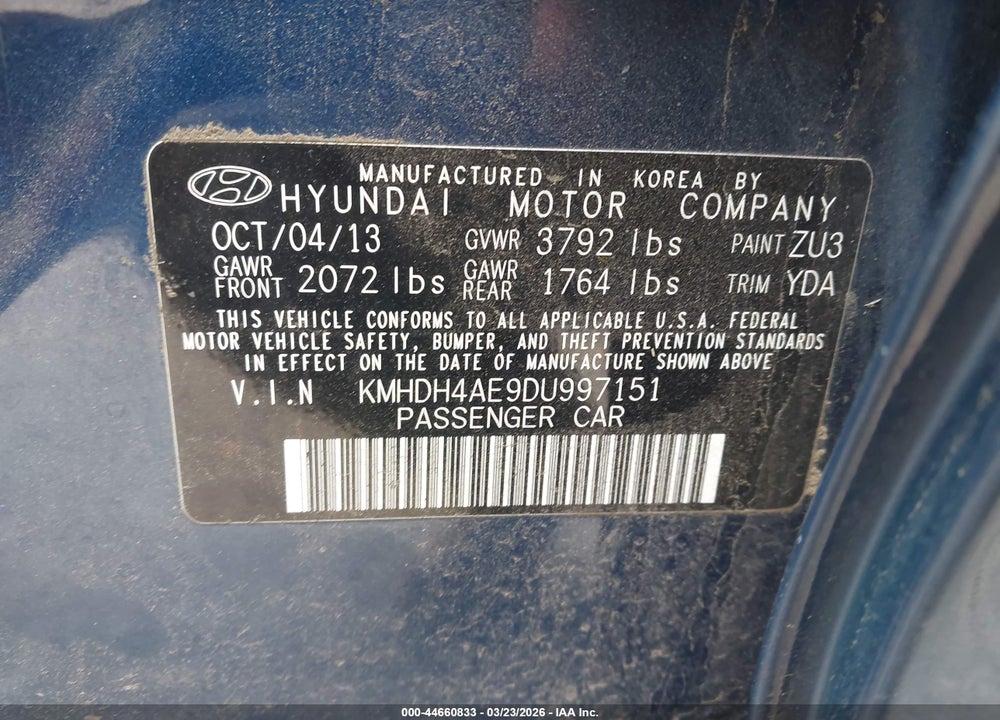 2013 HYUNDAI ELANTRA LIMITED VIN: KMHDH4AE9DU997151