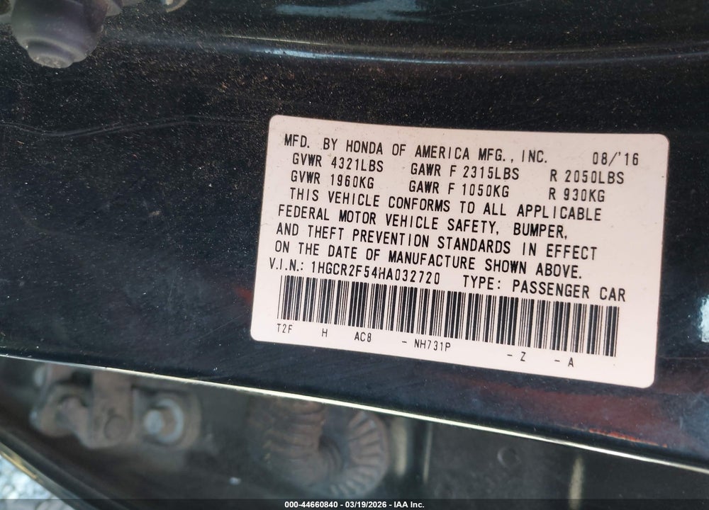 2017 HONDA ACCORD SPORT VIN: 1HGCR2F54HA032720