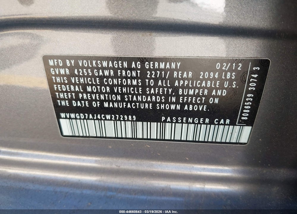 2012 VOLKSWAGEN GTI 4-DOOR VIN: WVWGD7AJ4CW272989