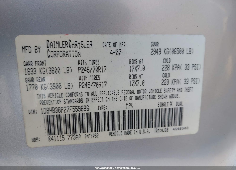 2007 DODGE DURANGO SXT VIN: 1D8HB38P27F559686