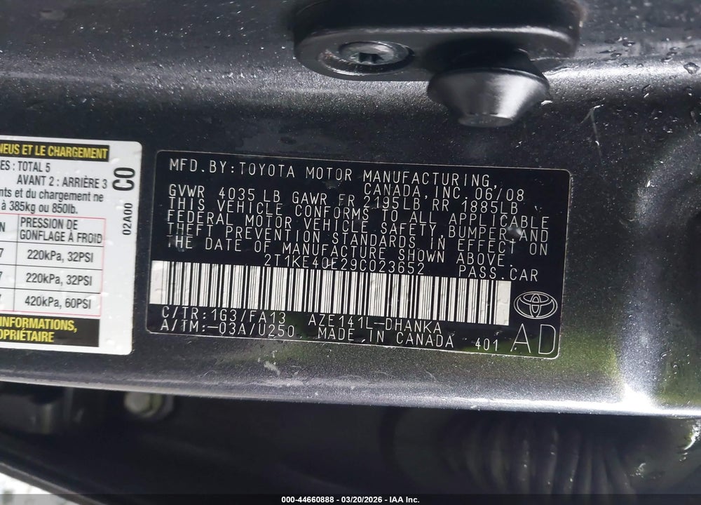 2009 TOYOTA MATRIX S VIN: 2T1KE40E29C023652