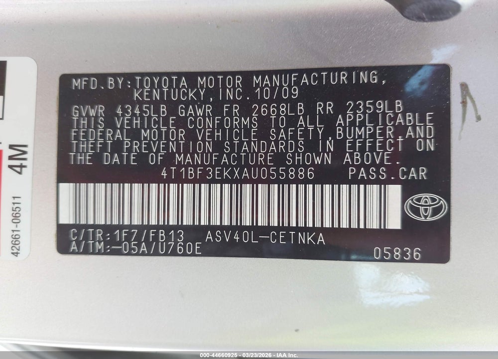 2010 TOYOTA CAMRY LE VIN: 4T1BF3EKXAU055886