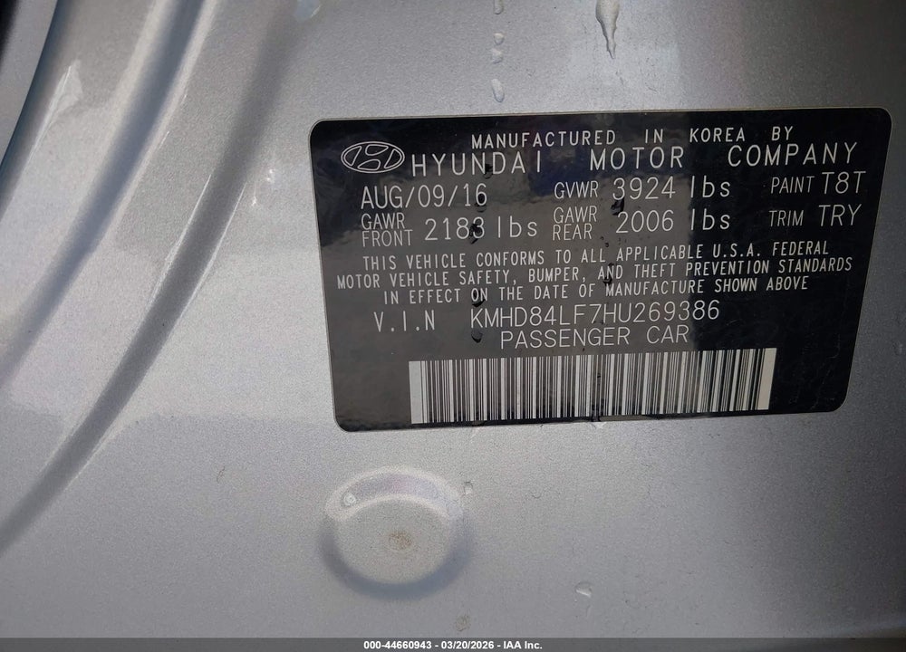 2017 HYUNDAI ELANTRA LIMITED VIN: KMHD84LF7HU269386