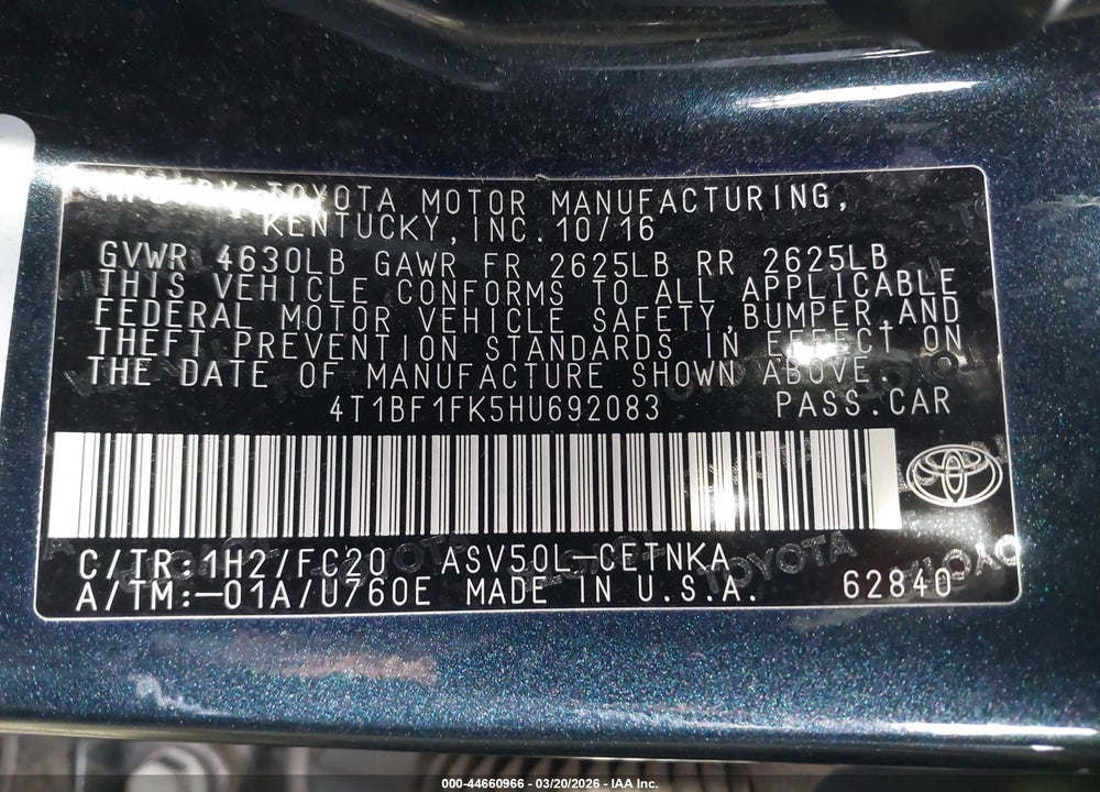 2017 TOYOTA CAMRY LE VIN: 4T1BF1FK5HU692083