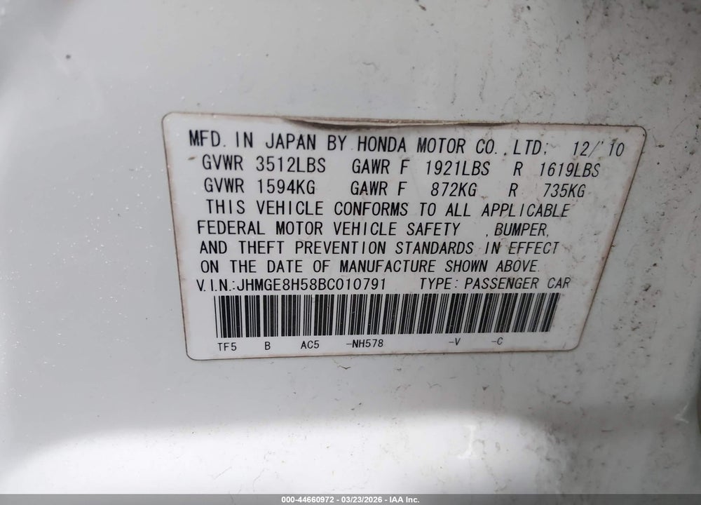 2011 HONDA FIT SPORT VIN: JHMGE8H58BC010791