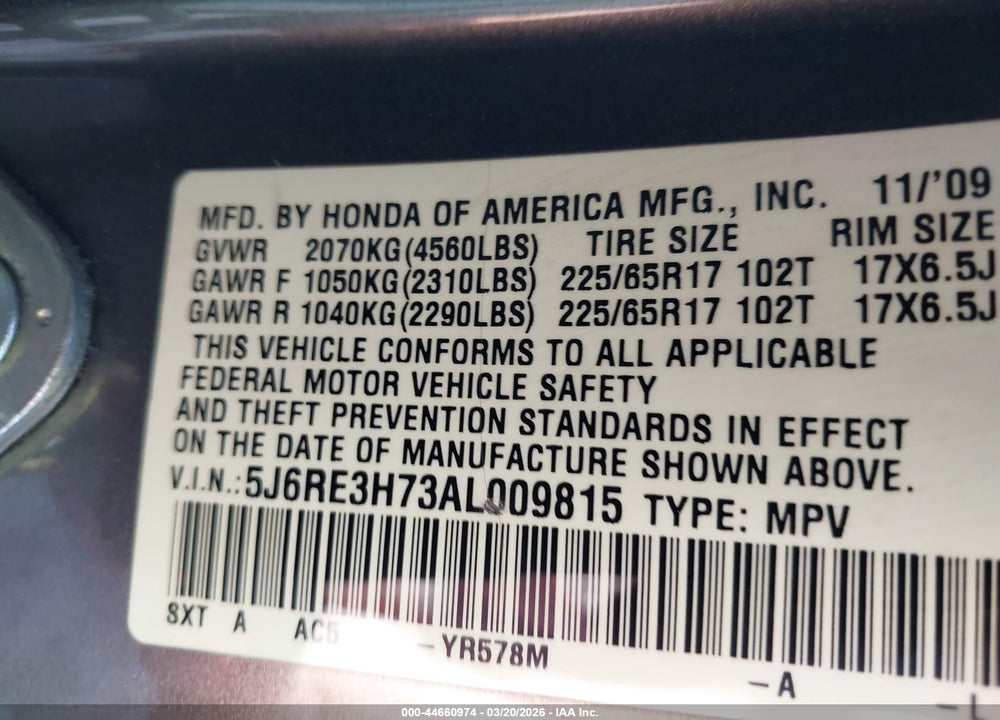 2010 HONDA CR-V EX-L VIN: 5J6RE3H73AL009815