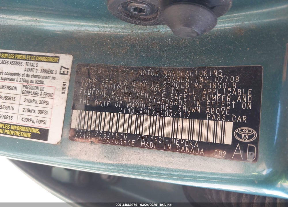 2009 TOYOTA COROLLA LE VIN: 2T1BU40EX9C087117