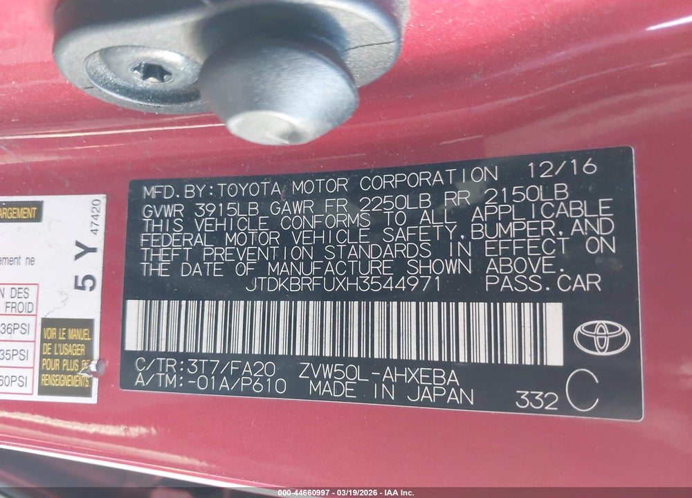 2017 TOYOTA PRIUS TWO VIN: JTDKBRFUXH3544971