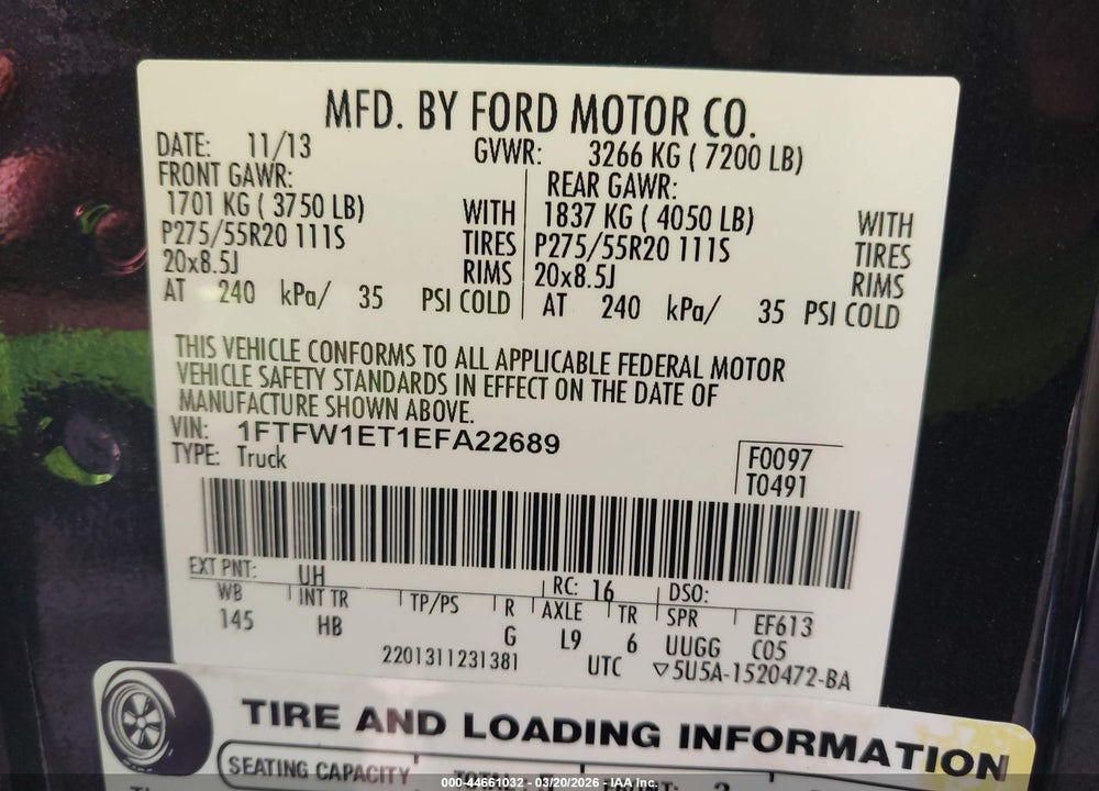2014 FORD F-150 LARIAT VIN: 1FTFW1ET1EFA22689