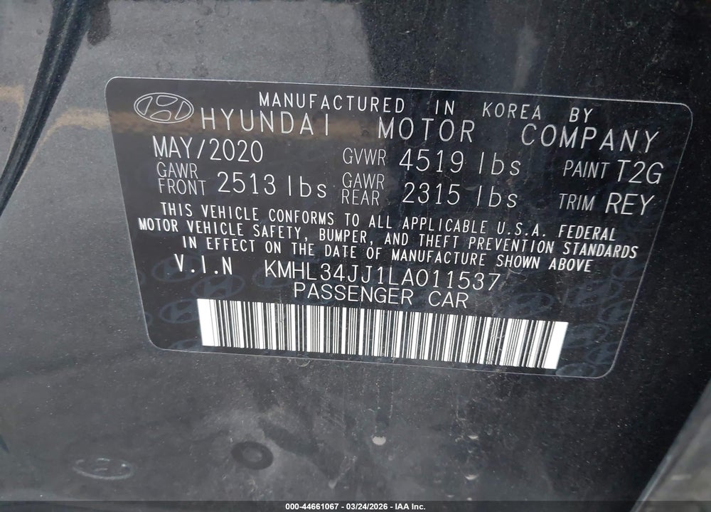 2020 HYUNDAI SONATA HYBRID SEL VIN: KMHL34JJ1LA011537
