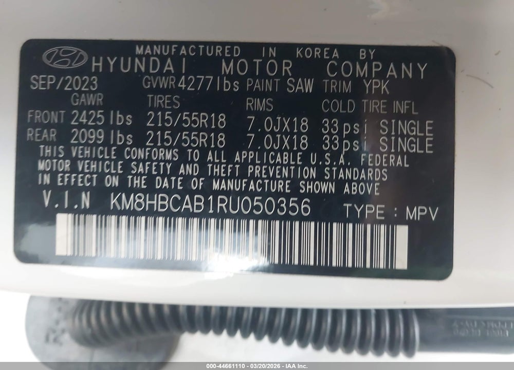 2024 HYUNDAI KONA SEL VIN: KM8HBCAB1RU050356