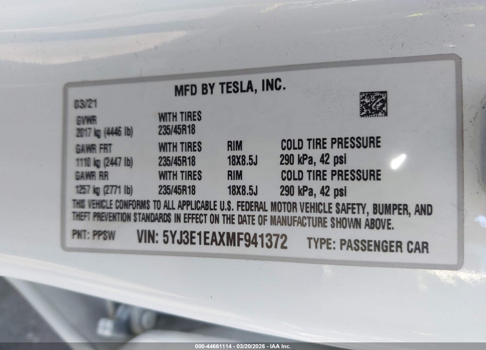 2021 TESLA MODEL 3 STANDARD RANGE PLUS REAR-WHEEL DRIVE VIN: 5YJ3E1EAXMF941372