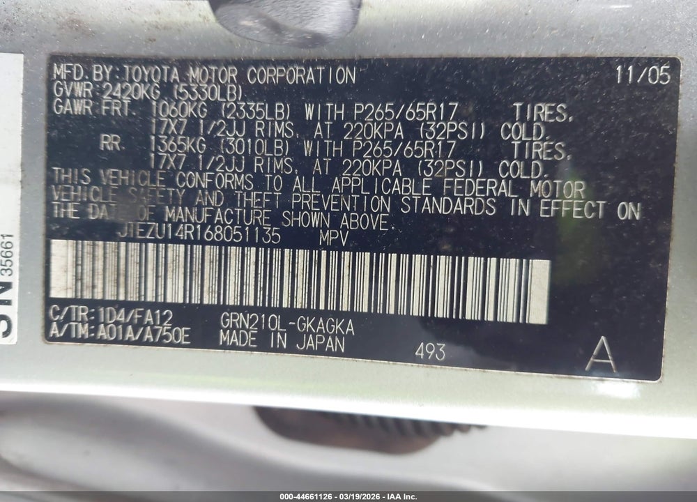 2006 TOYOTA 4RUNNER SR5 V6 VIN: JTEZU14R168051135