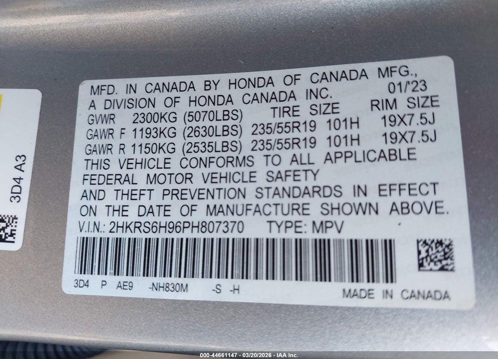 2023 HONDA CR-V HYBRID SPORT TOURING VIN: 2HKRS6H96PH807370