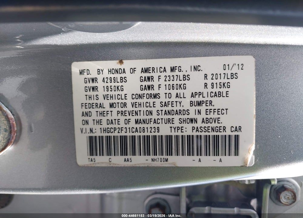 2012 HONDA ACCORD 2.4 LX VIN: 1HGCP2F31CA081239