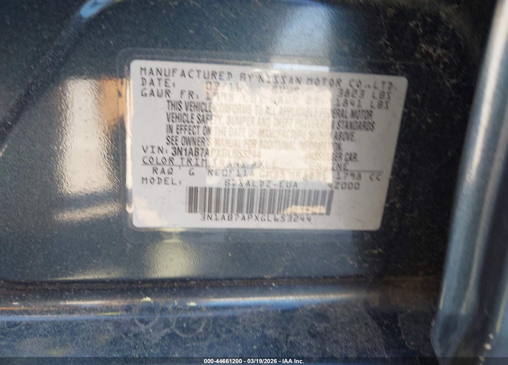 2016 NISSAN SENTRA SV VIN: 3N1AB7APXGL653244