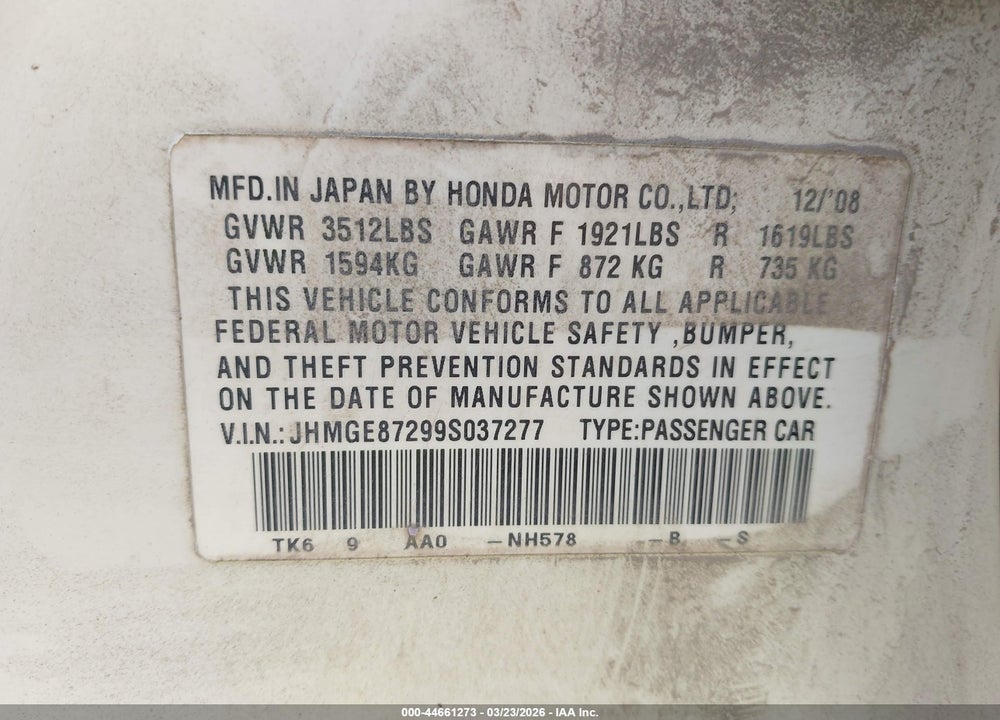 2009 HONDA FIT VIN: JHMGE87299S037277
