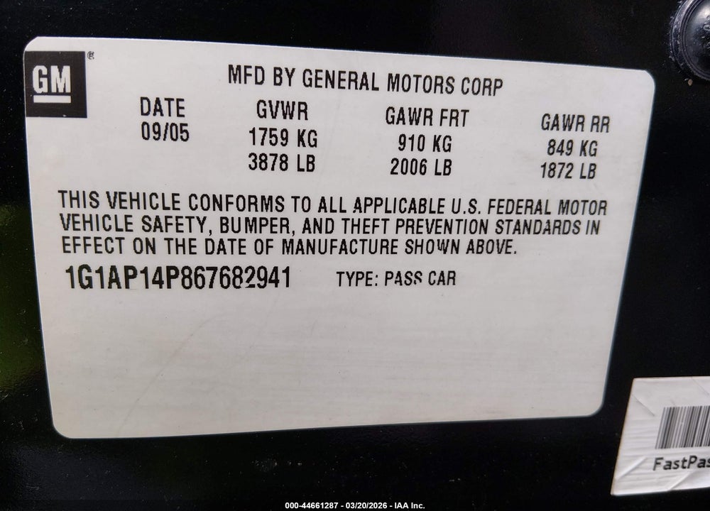 2006 CHEVROLET COBALT SS SUPERCHARGED VIN: 1G1AP14P867682941