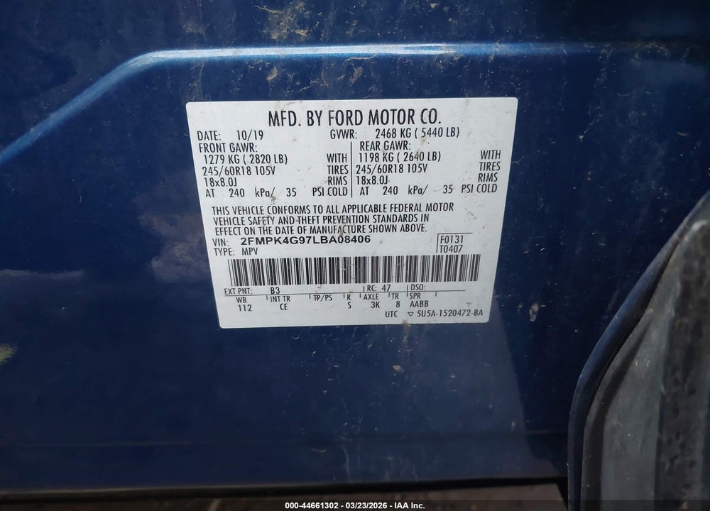 2020 FORD EDGE SE VIN: 2FMPK4G97LBA08406