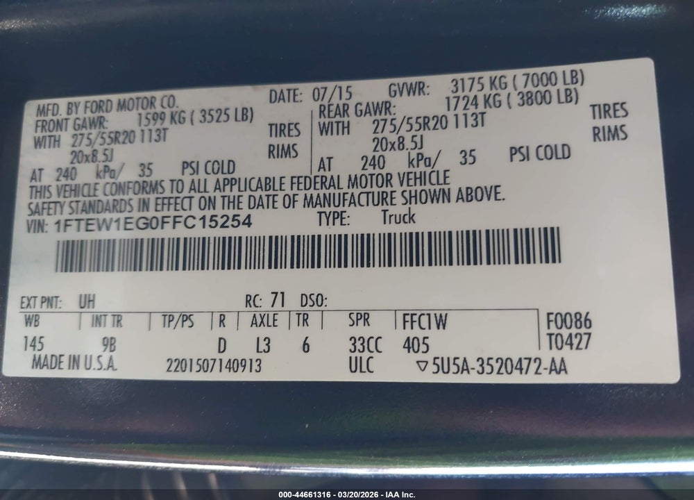 2015 FORD F-150 PLATINUM VIN: 1FTEW1EG0FFC15254