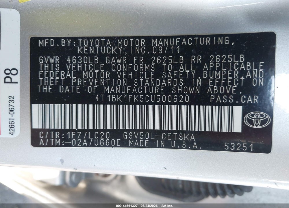 2012 TOYOTA CAMRY SE V6 VIN: 4T1BK1FK5CU500620