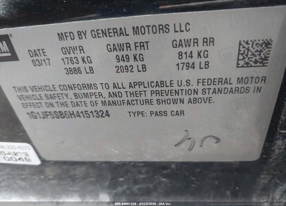 2017 CHEVROLET SONIC PREMIER AUTO VIN: 1G1JF5SB6H4151324