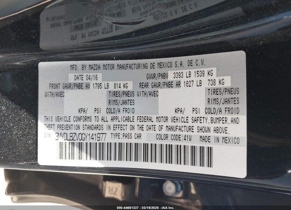 2016 SCION IA VIN: 3MYDLBZV0GY141977
