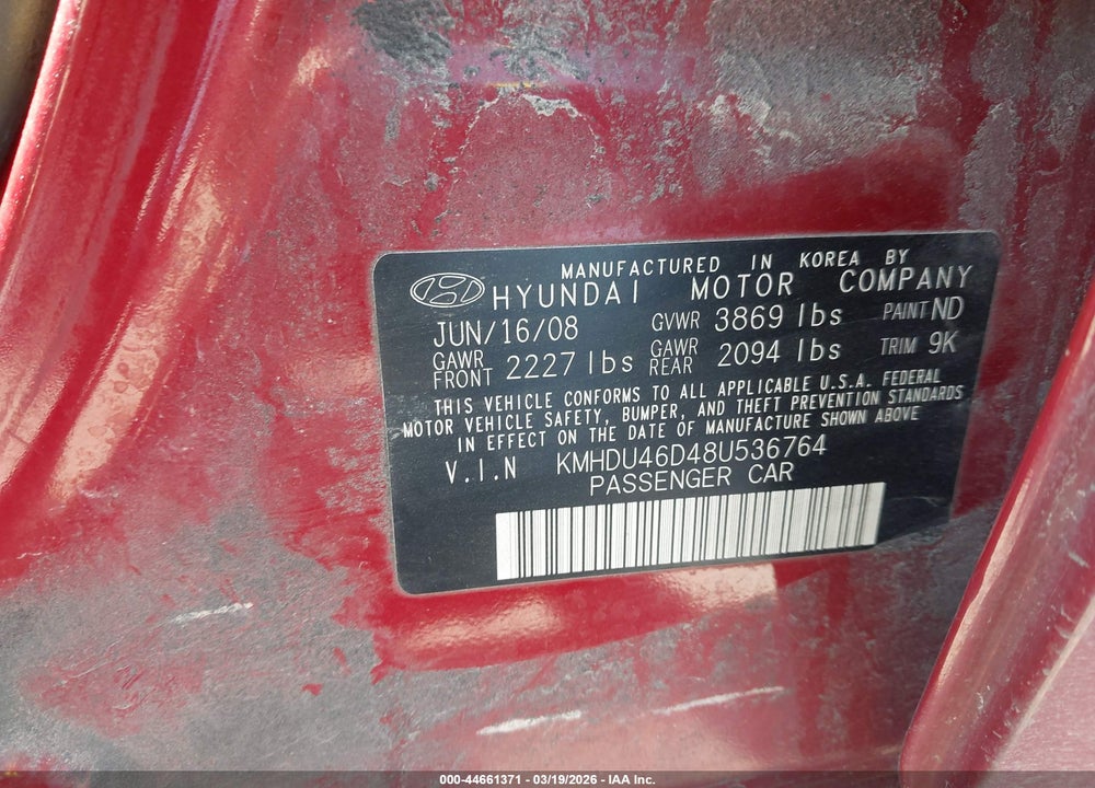 2008 HYUNDAI ELANTRA GLS/SE VIN: KMHDU46D48U536764