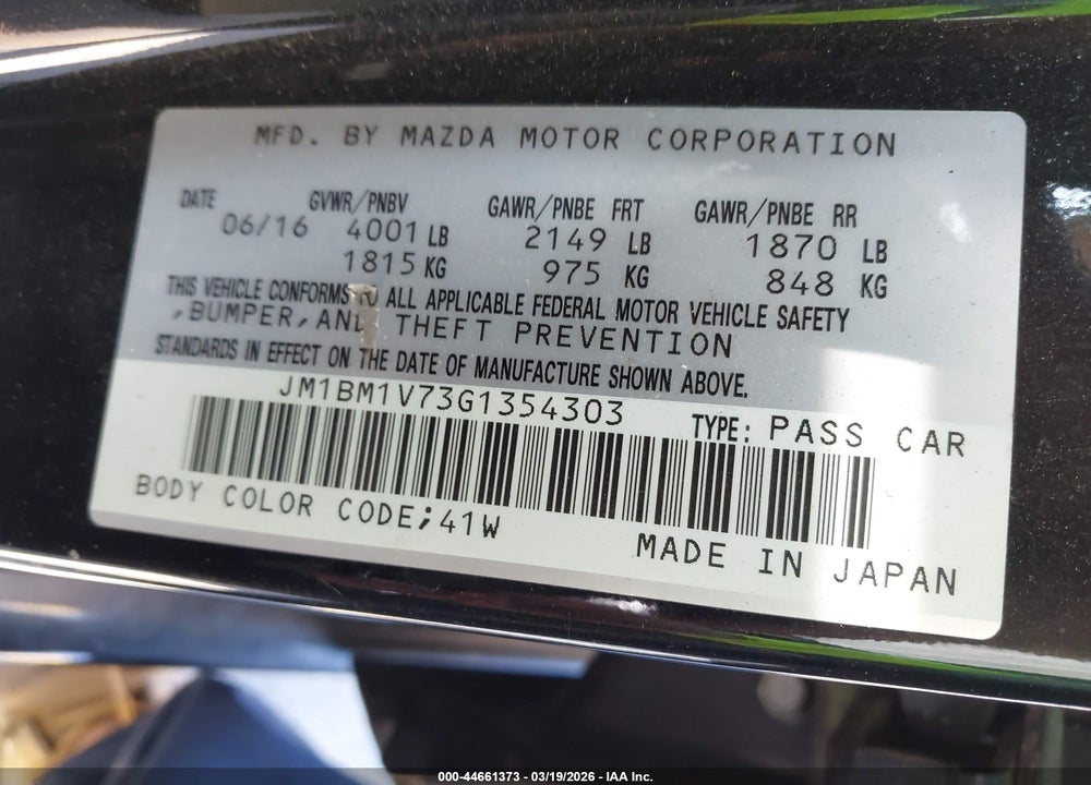 2016 MAZDA 3 I TOURING VIN: JM1BM1V73G1354303
