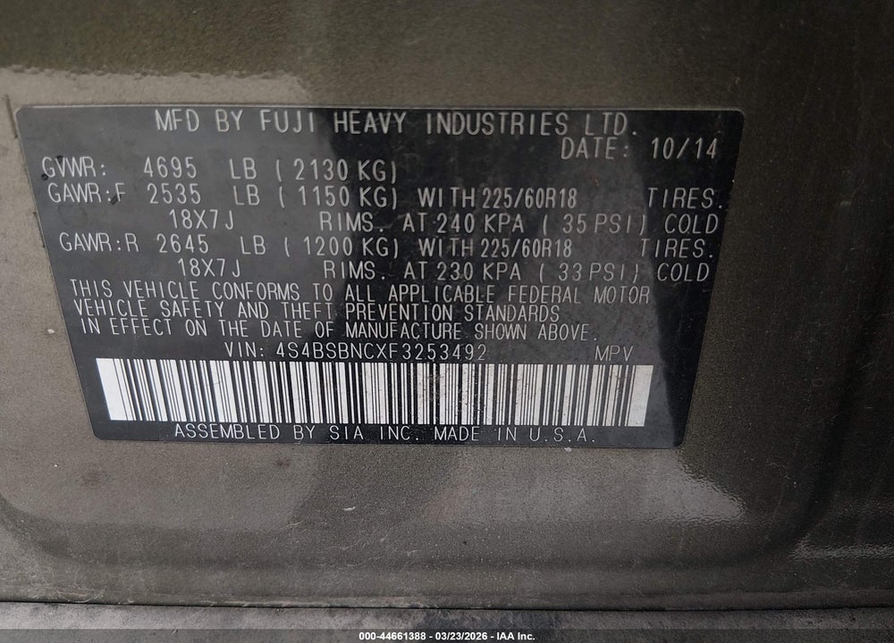 2015 SUBARU OUTBACK 2.5I LIMITED VIN: 4S4BSBNCXF3253492