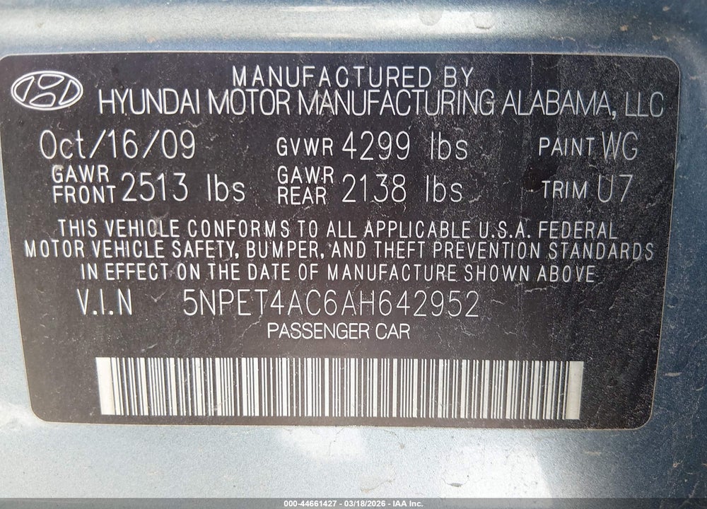 2010 HYUNDAI SONATA GLS VIN: 5NPET4AC6AH642952