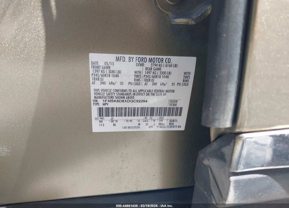 2013 FORD EXPLORER XLT VIN: 1FM5K8D8XDGC92294